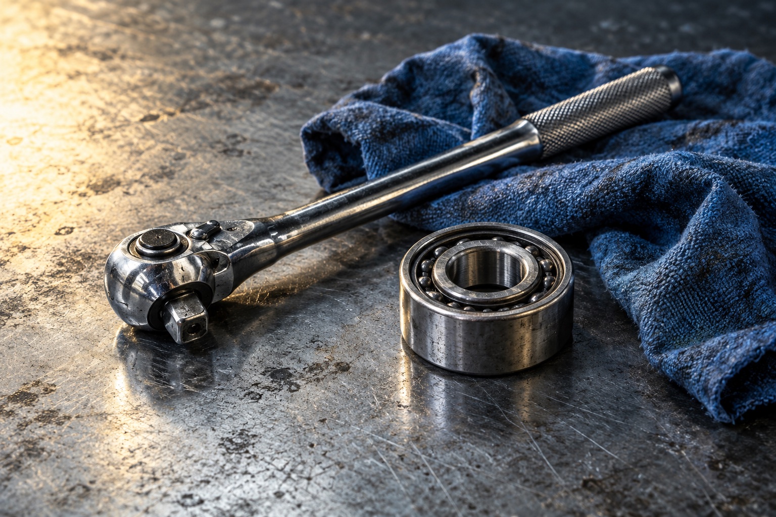 Illustrative still life of a steel ratchet, bearing and blue cloth
